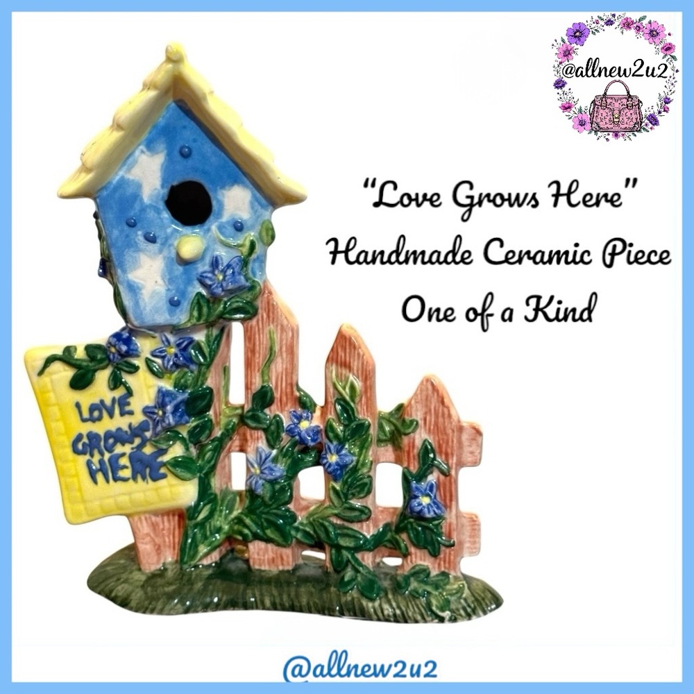 New Love Grows Here Handmade Ceramic Birdhouse Decor Handpainted Special Glazes - Picture 3 of 11